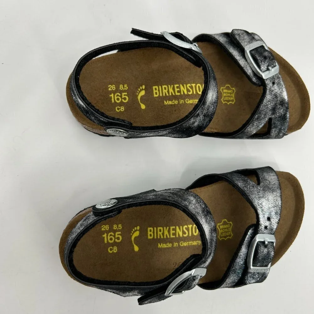 NIB BIRKENSTOCK Girls Kids Rio Black Silver Metallic Sandal Shoes Size 26 / 8